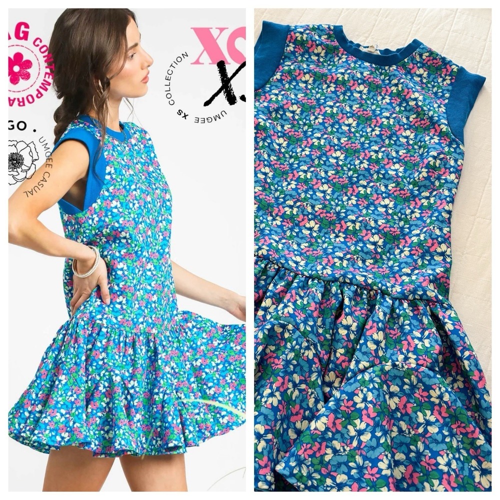 Umgee Women's Dress SMALL‎ Blue Floral Drop Waste Summer Spring Darling